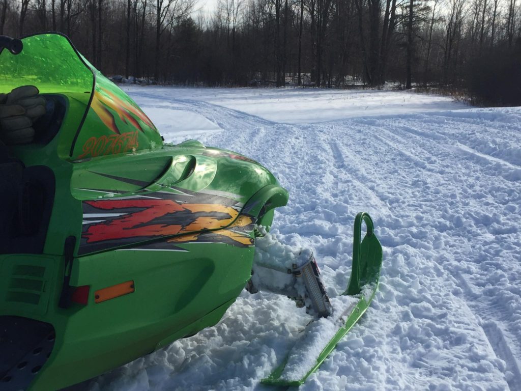 An Arctic Cat ZR800 snowmobile on the trail in Innisville Ontario