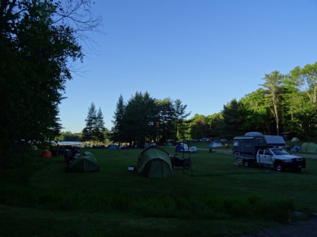 Overland travelers and tents in a camp ground in Ontario