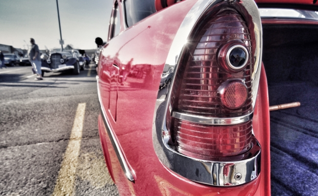 Photo of the left tail light of a 1955 Chevrolet