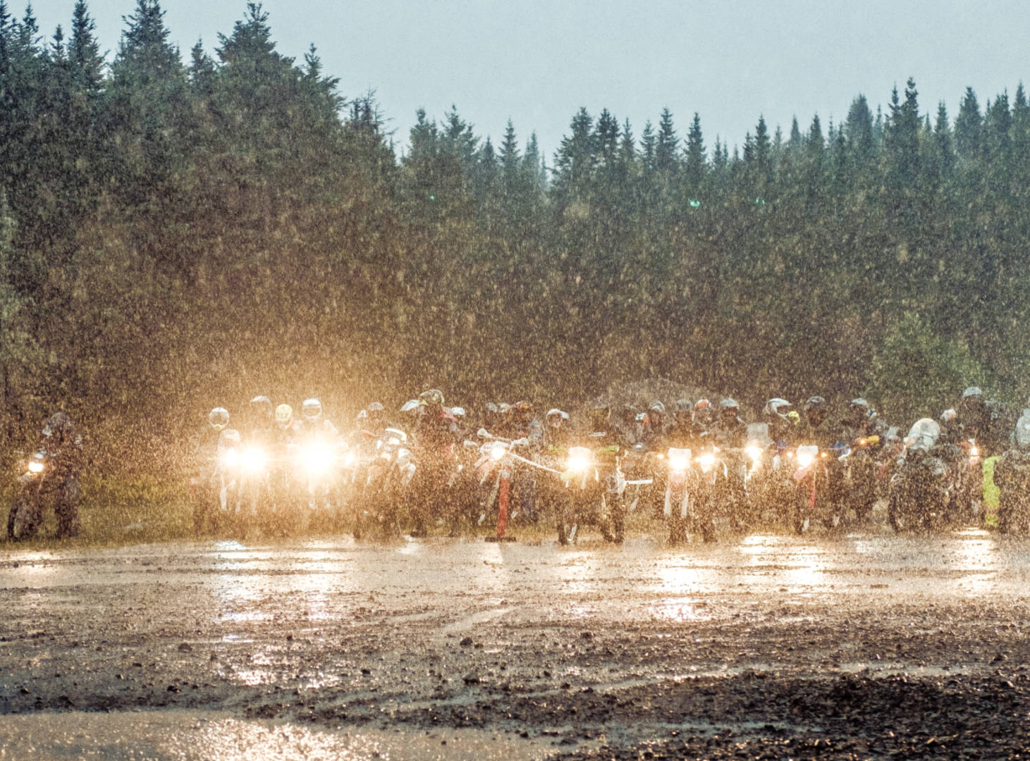 A photo of the start of the Fundy Adventure Rally in the rain
