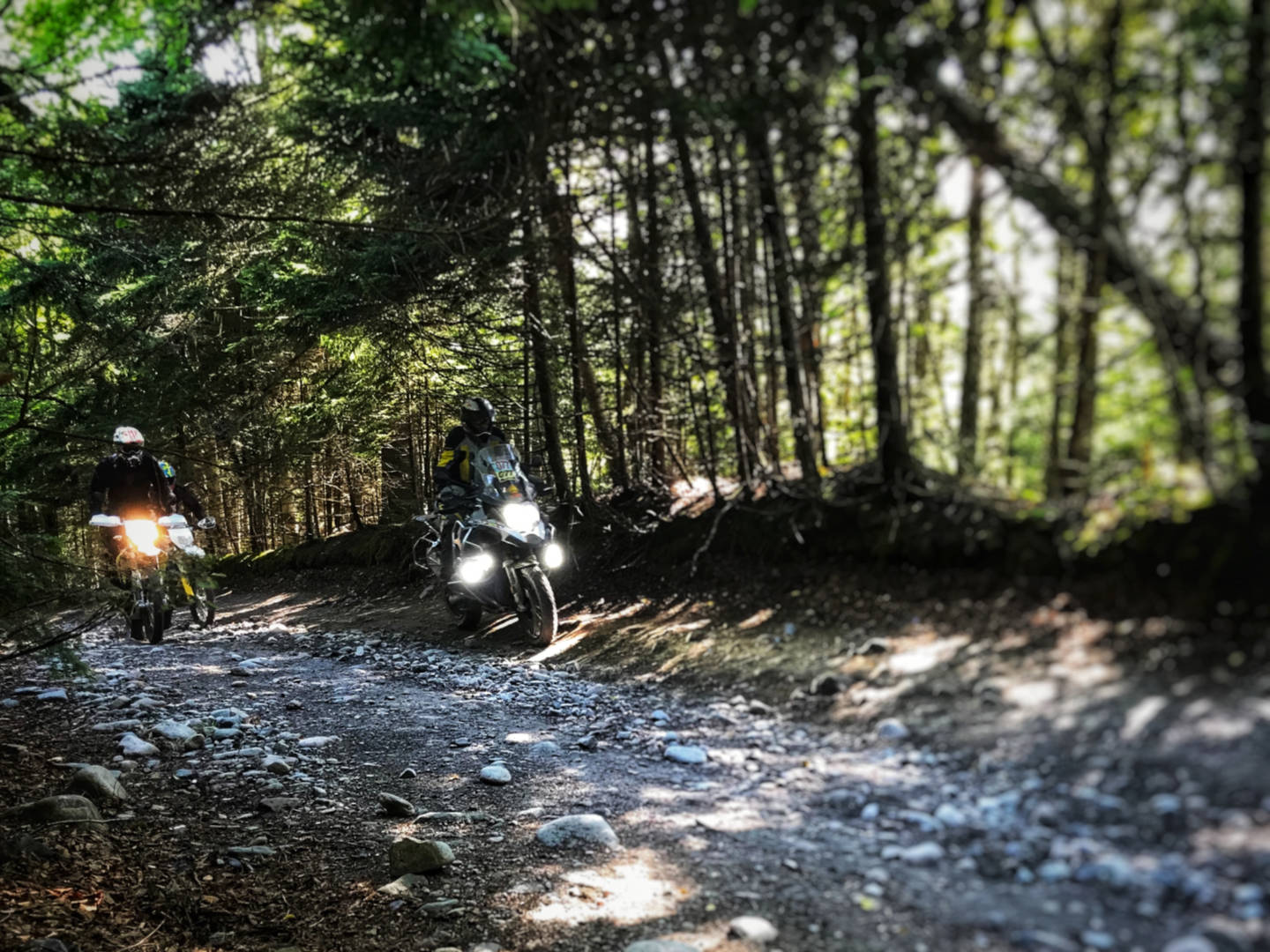 photo of 3 motorcycles on a rocky trail in New Brunswick