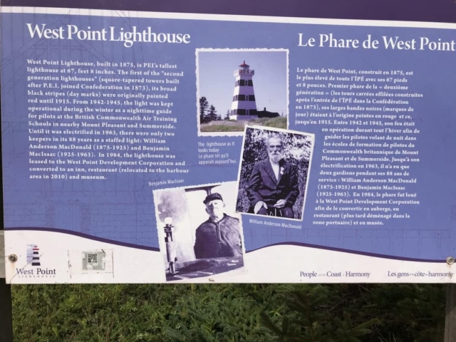A placard explaining the story of the West Point Lighthouse on PEI