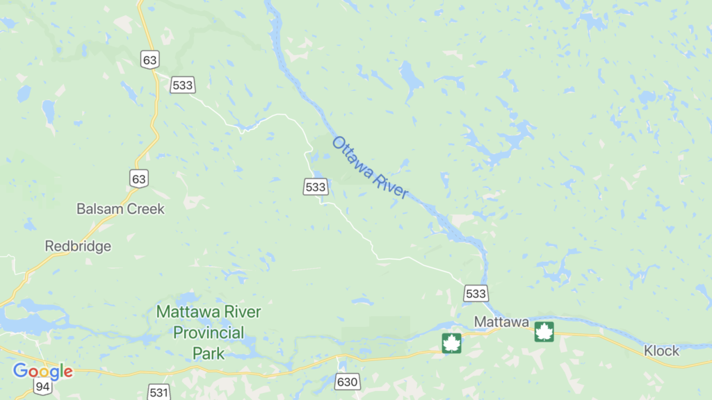 A map showing the location of Mattawa, Ontario