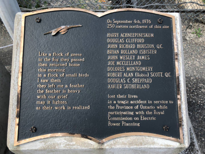 A plaque commemorating a tragic plane crash at Abitibi Canyon